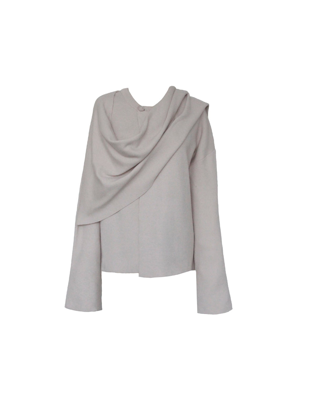 Light gray long-sleeve top with draped design on a white background