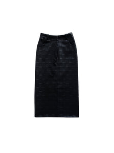Black check embossed leather pencil skirt.