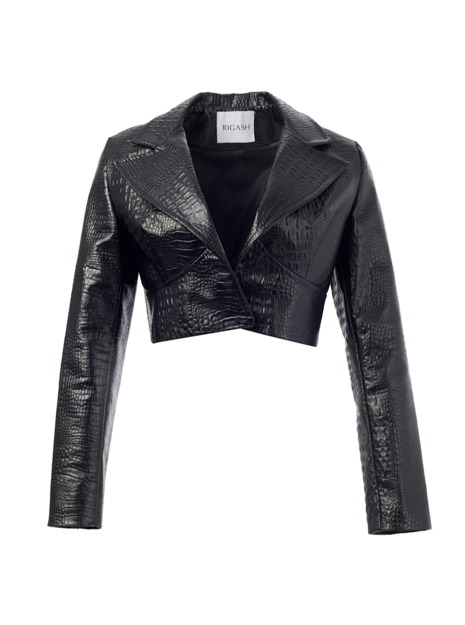 Black faux crocodile leather blazer with front seams. 