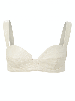 Pearl white faux crocodile leather bralette with a hook and eye closure.  rigash