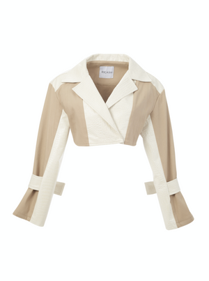  Cropped blazer made with pearl white faux crocodile leather and nude gabardine.