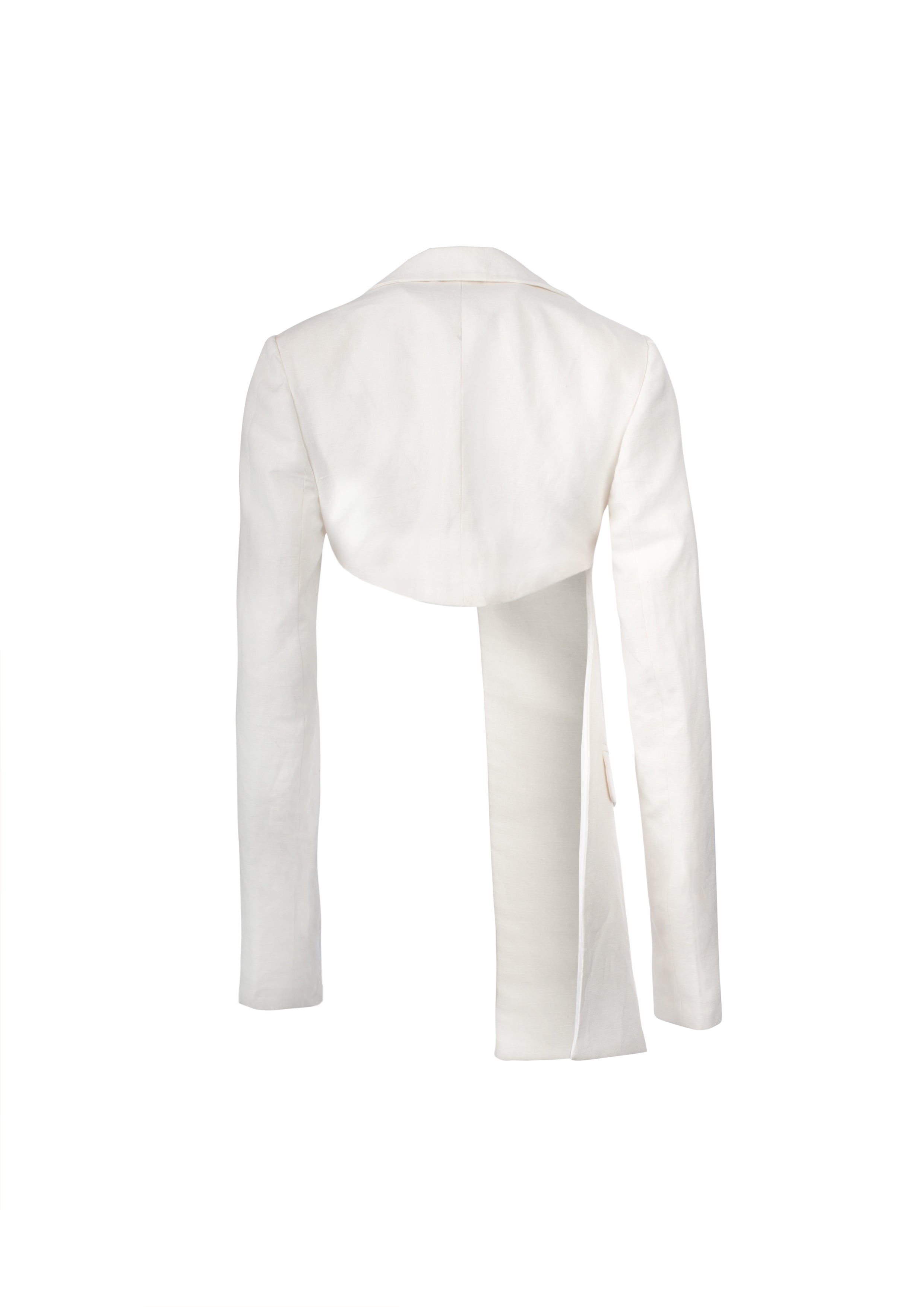 Asymmetrical white linen blazer with oversized shoulders. Cropped back