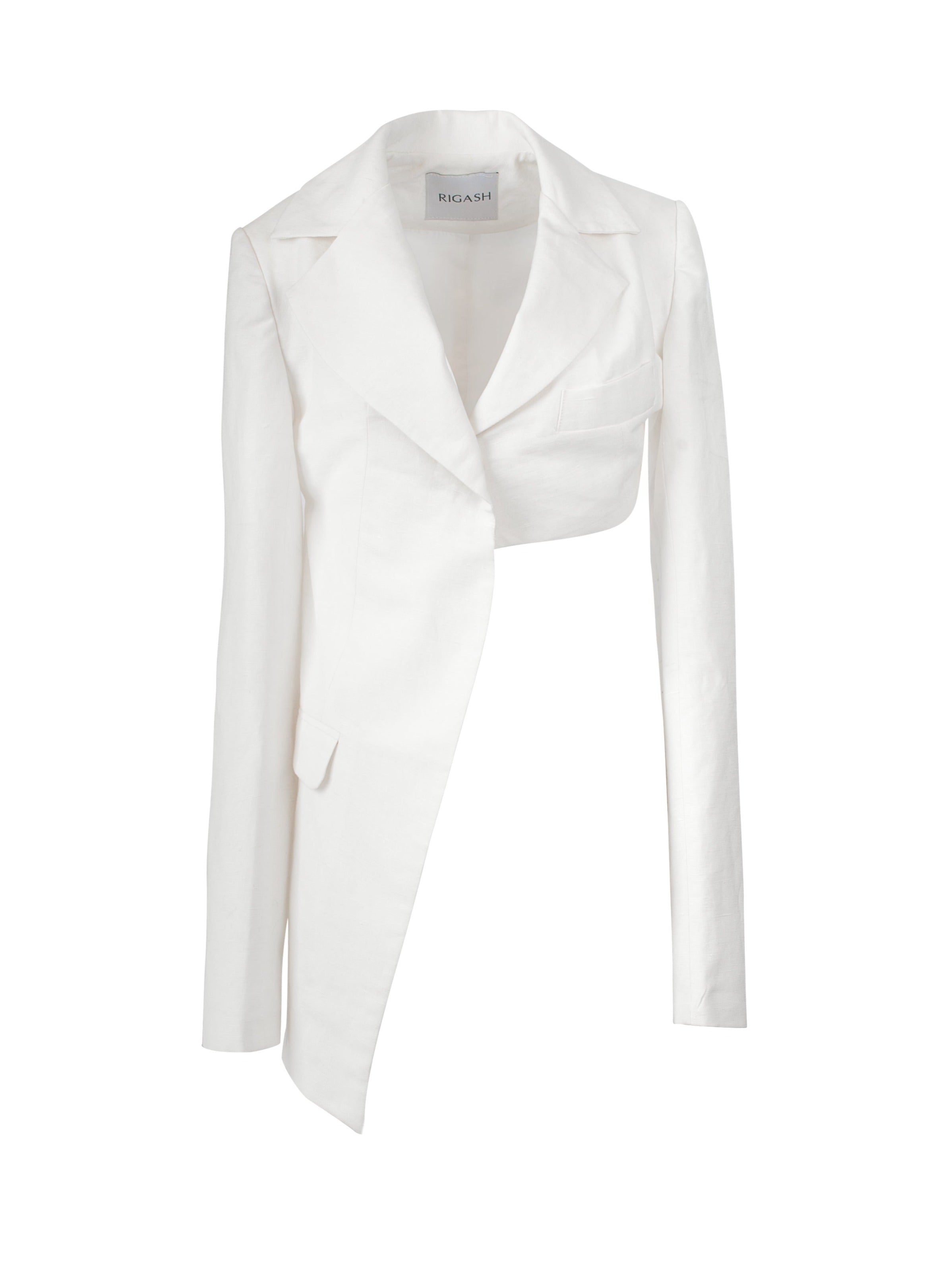Asymmetrical white linen blazer with oversized shoulders. 